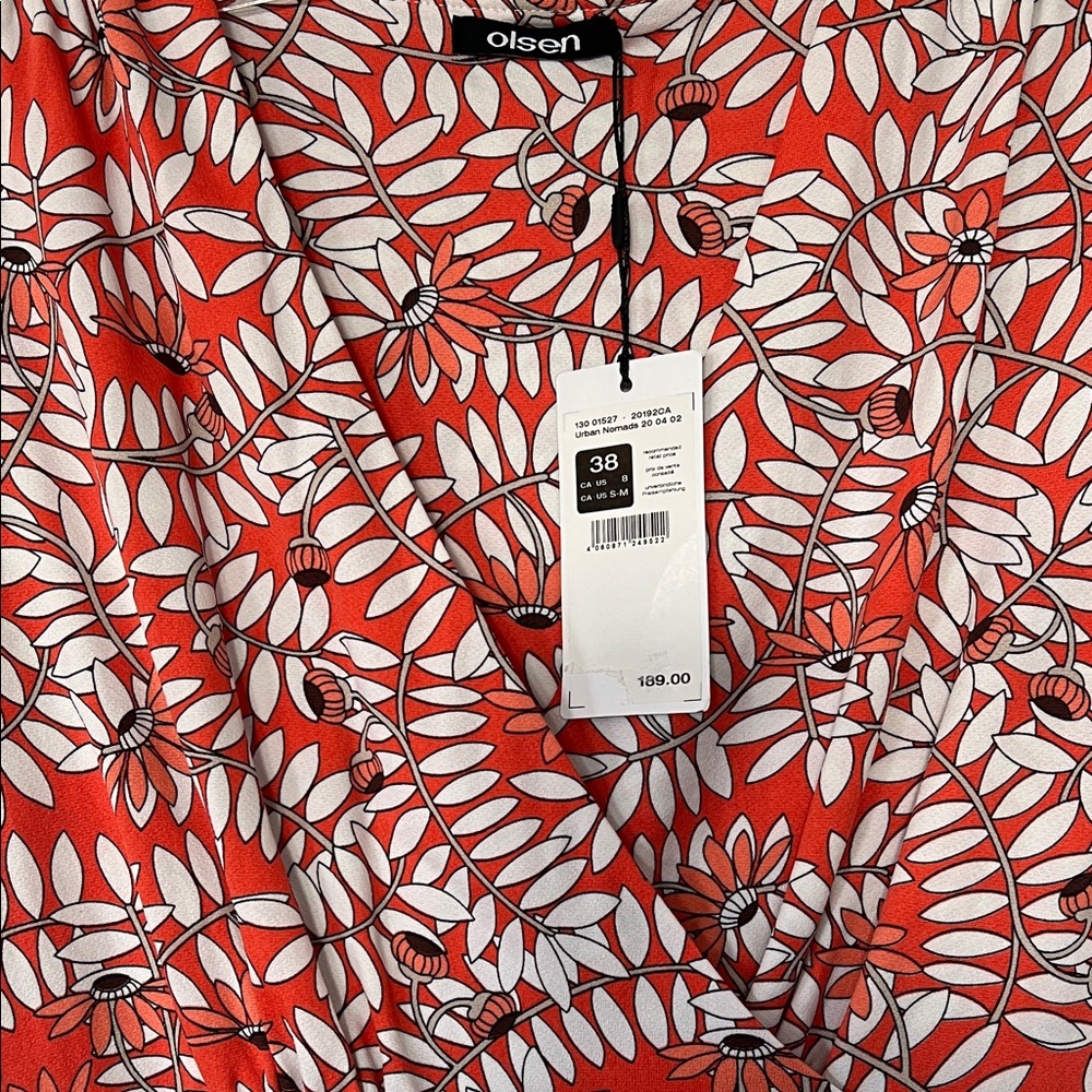 NWT - Olsen Coral and White Leaf-Print V‑Neck Midi Dress - Picture 3 of 8